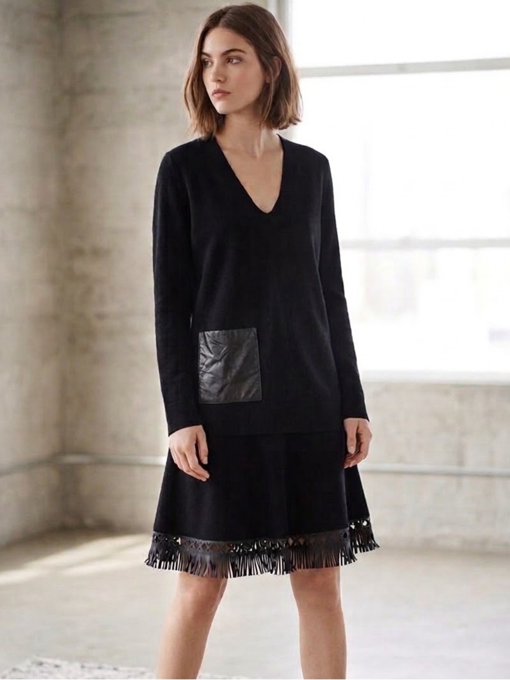 ZARA KNIT Black Deep V-Neck Sweater Faux Leather Pocket High-Low Hem Size Small